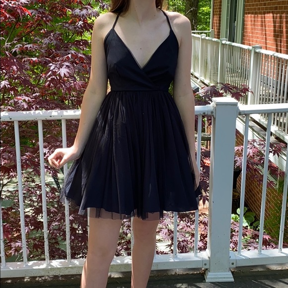 asos black tulle dress Rent ASOS LUXE Corsetted Chiffon Draped Sash Mini Dress With Organza Sleeve  In Black main image 0